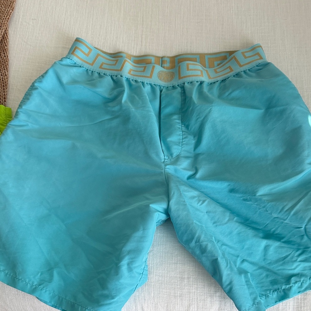 Versace Aqua Swim Trunks with Gold Accents